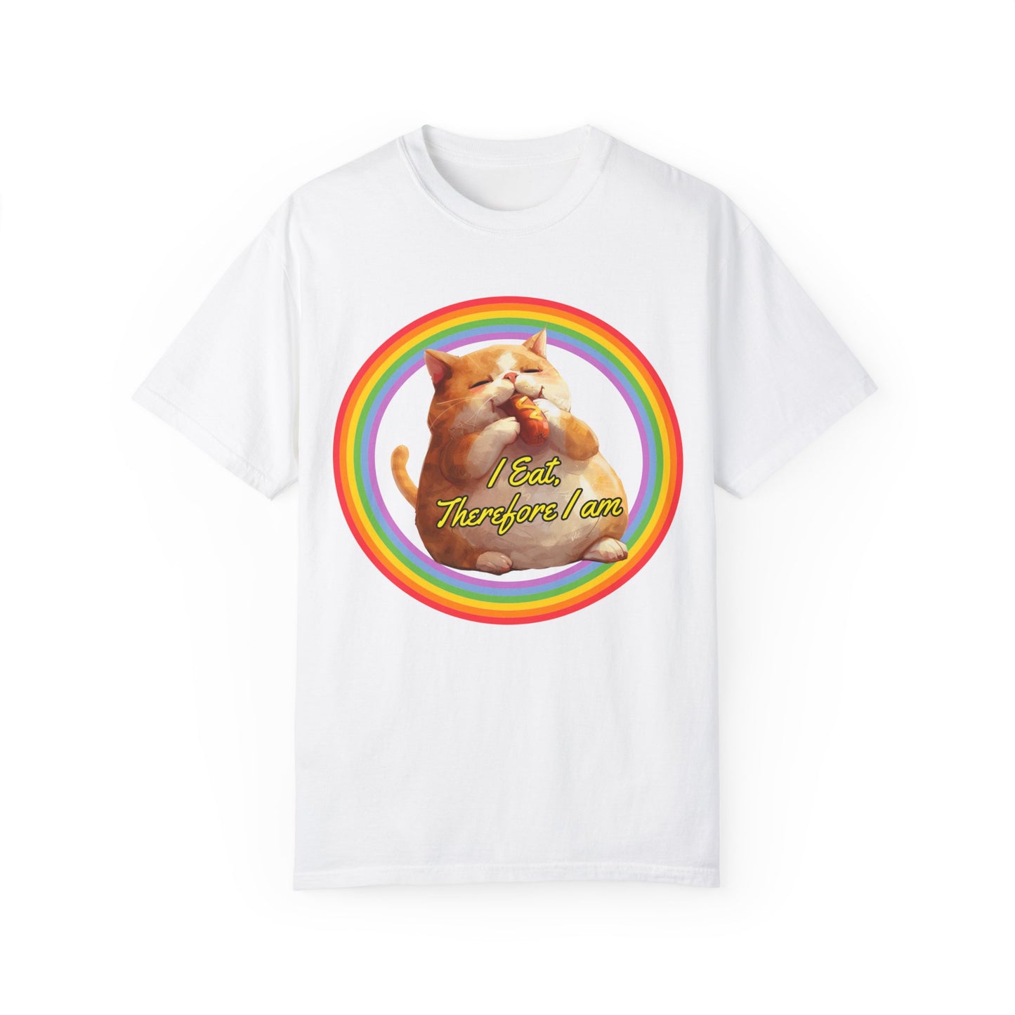 I Eat Therefore I am Unisex Spring Summer T-shirt | Fat cat eating hotdog tee | Trendy Comfort Colors Tee