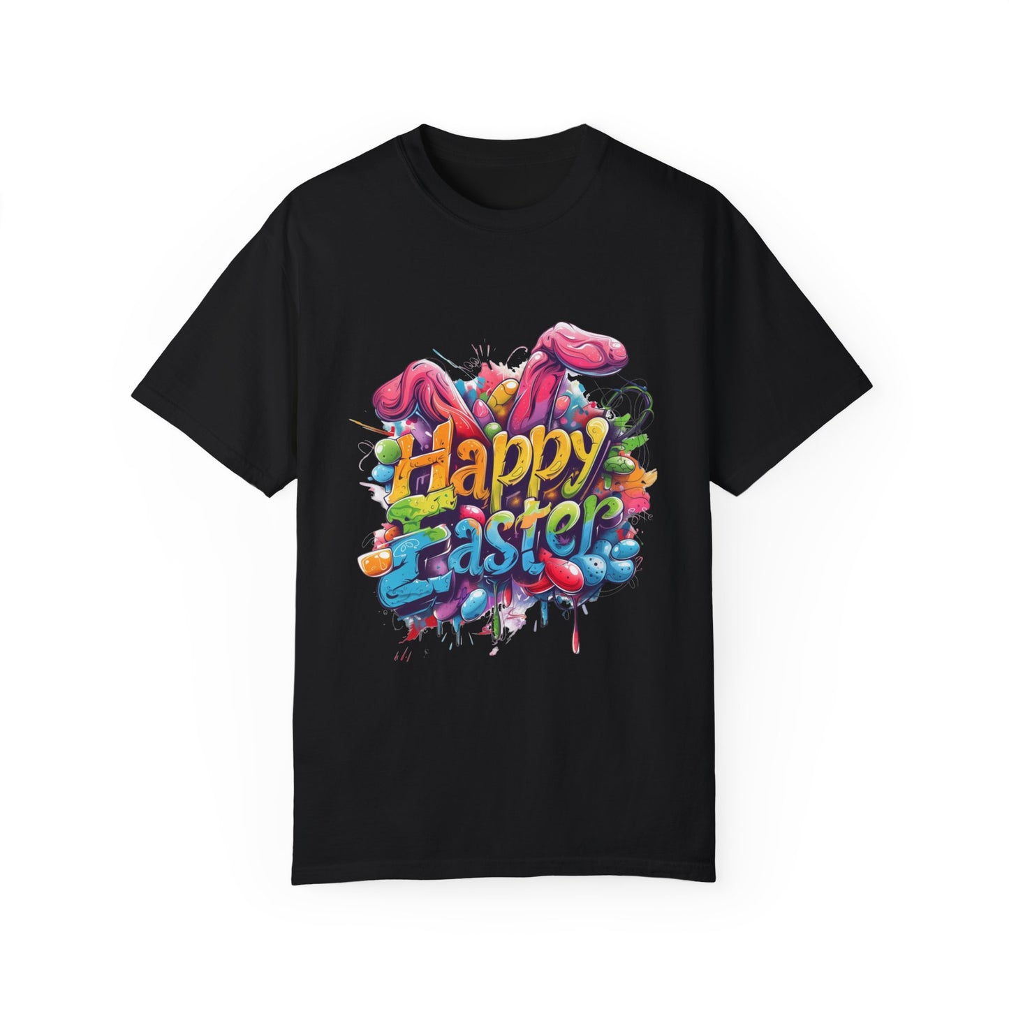 Happy Easter bunny funny graffiti Unisex Garment-Dyed T shirt Short sleeve | Man Women Spring & Summer Tee Mockup |