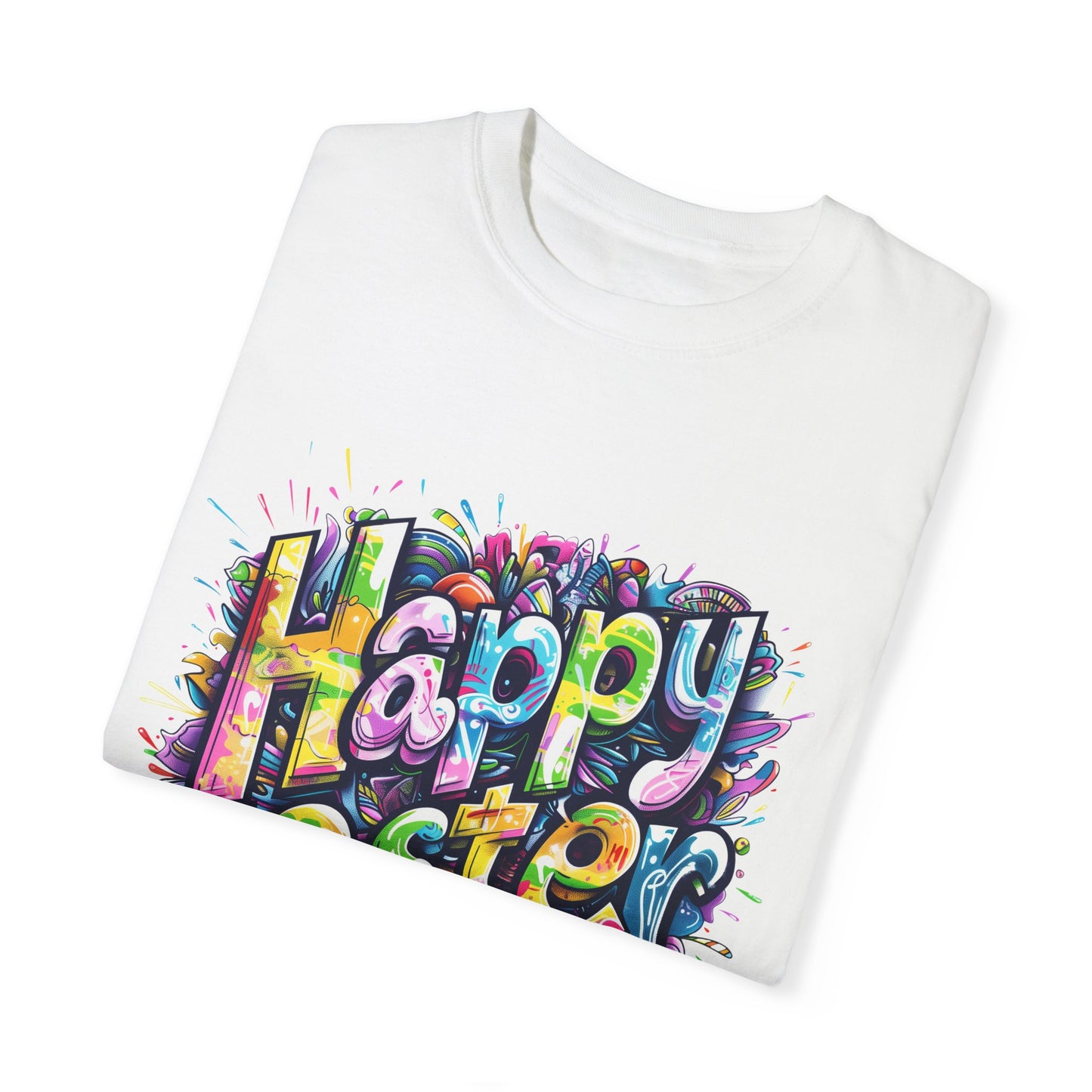 Stylish Graffiti Art Rainbow Happy Easter Unisex Garment-Dyed T-Shirt Short sleeve | Man Women Spring & Summer Tee Mockup |