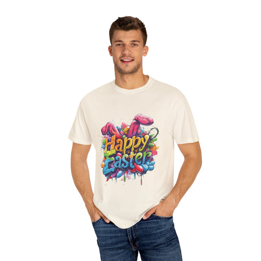 Happy Easter bunny funny graffiti Unisex Garment-Dyed T shirt Short sleeve | Man Women Spring & Summer Tee Mockup |