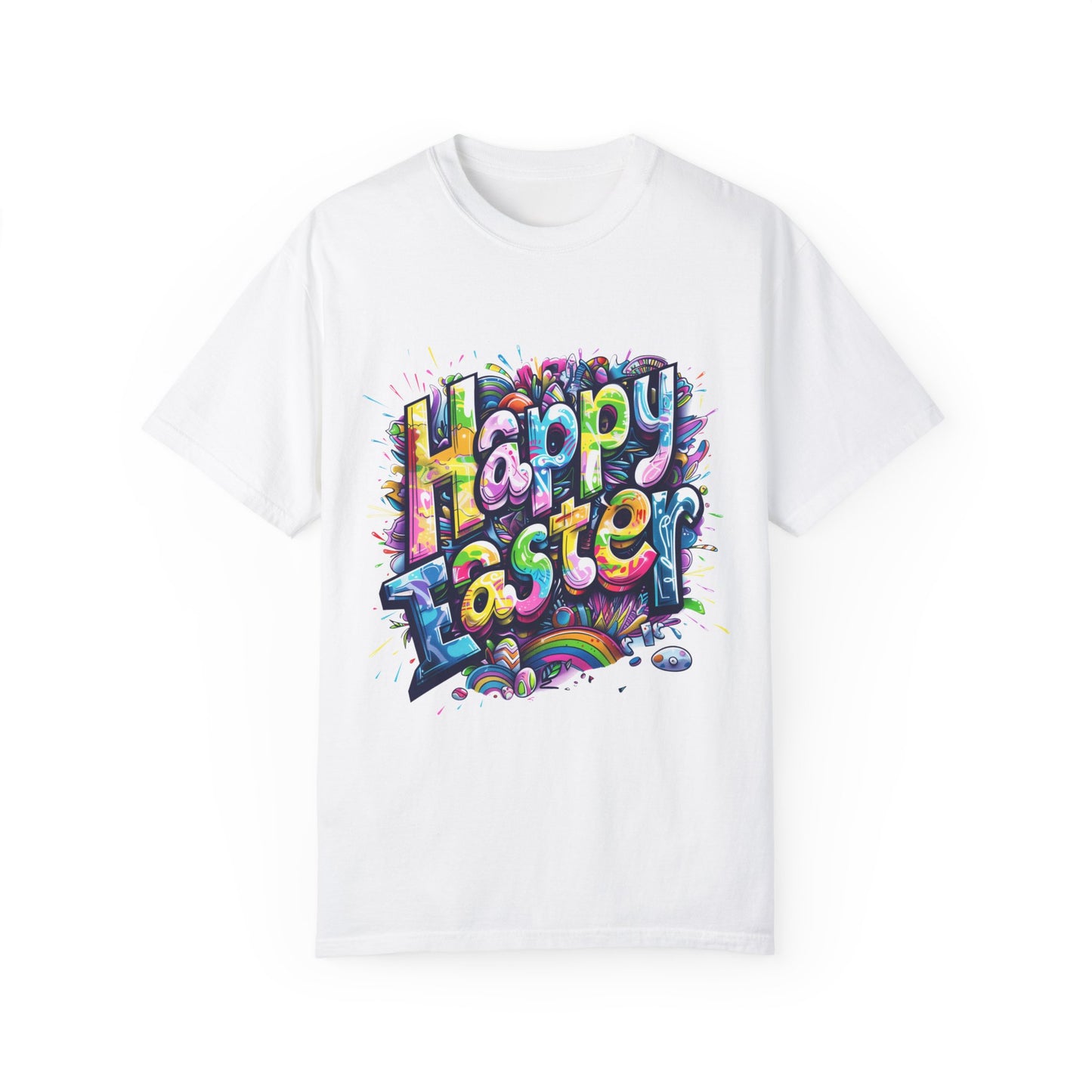 Stylish Graffiti Art Rainbow Happy Easter Unisex Garment-Dyed T-Shirt Short sleeve | Man Women Spring & Summer Tee Mockup |