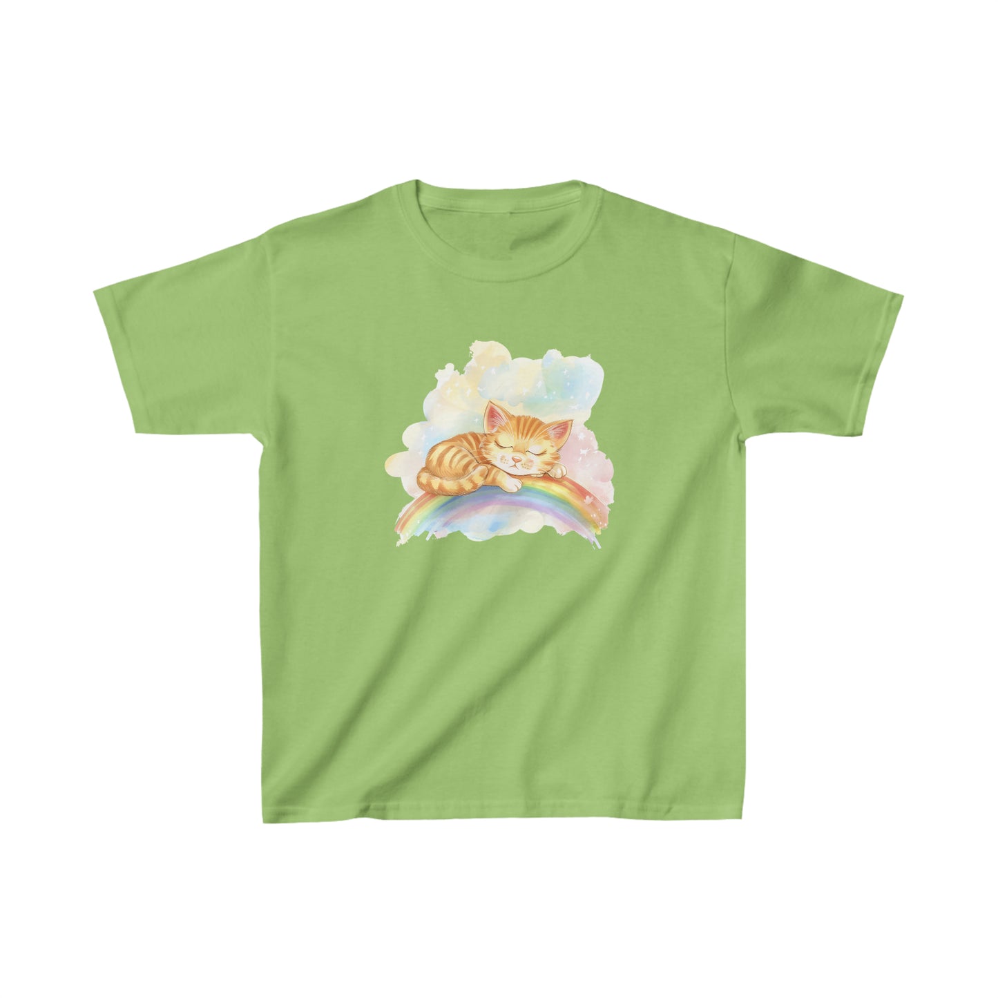 Cute Kitten Sleeping On the Rainbow Heavy Cotton Tee | Kids Spring & Summer T-Shirt Mockup | Rainbow Color | Unisex - Heavy Cotton™ Cute Tee