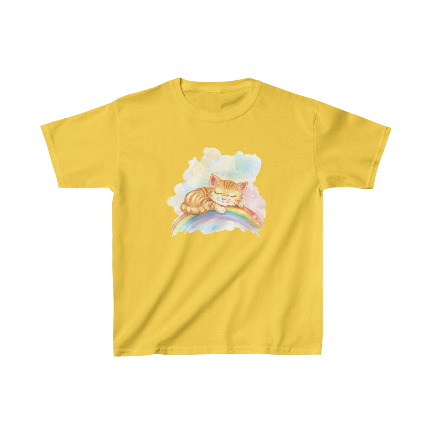 Cute Kitten Sleeping On the Rainbow Heavy Cotton Tee | Kids Spring & Summer T-Shirt Mockup | Rainbow Color | Unisex - Heavy Cotton™ Cute Tee