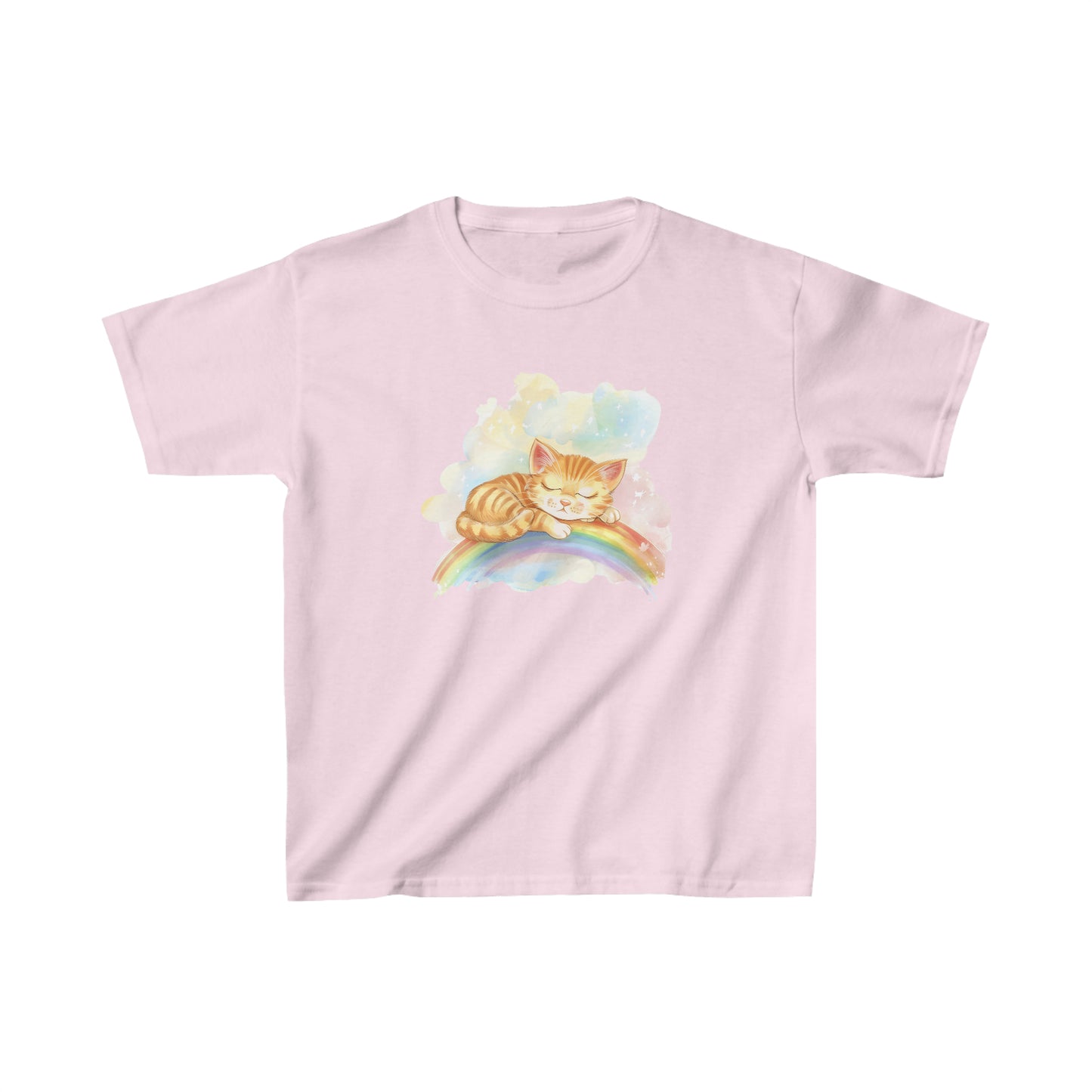 Cute Kitten Sleeping On the Rainbow Heavy Cotton Tee | Kids Spring & Summer T-Shirt Mockup | Rainbow Color | Unisex - Heavy Cotton™ Cute Tee