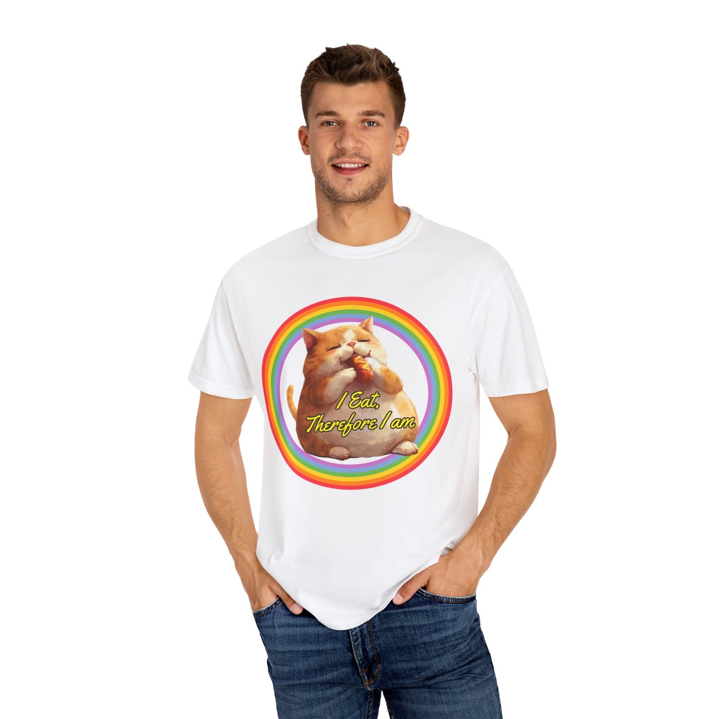 I Eat Therefore I am Unisex Spring Summer T-shirt | Fat cat eating hotdog tee | Trendy Comfort Colors Tee