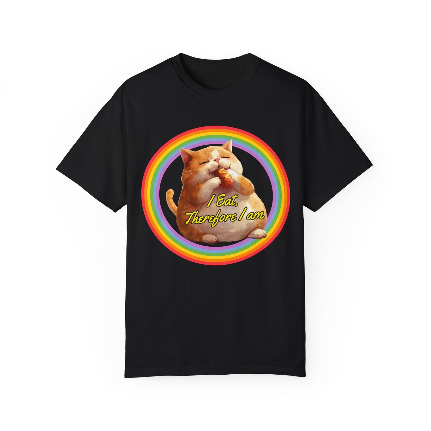 I Eat Therefore I am Unisex Spring Summer T-shirt | Fat cat eating hotdog tee | Trendy Comfort Colors Tee