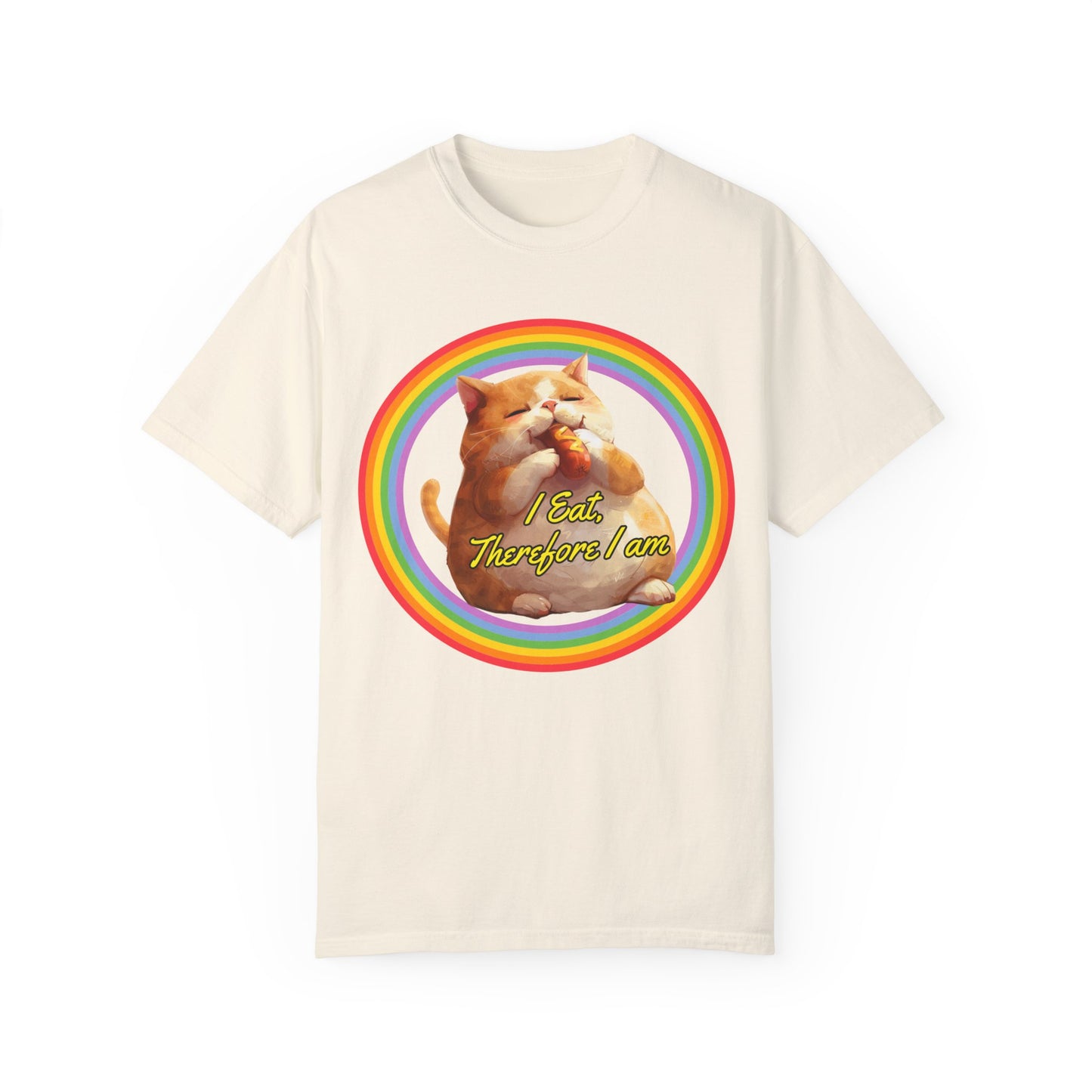 I Eat Therefore I am Unisex Spring Summer T-shirt | Fat cat eating hotdog tee | Trendy Comfort Colors Tee