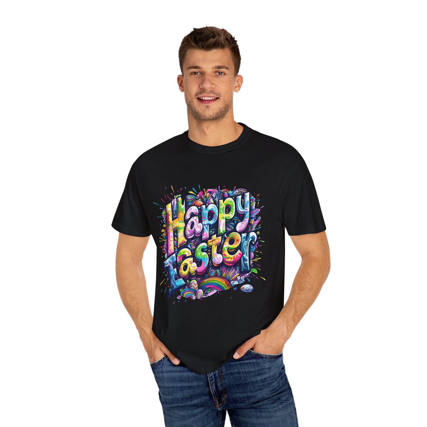 Stylish Graffiti Art Rainbow Happy Easter Unisex Garment-Dyed T-Shirt Short sleeve | Man Women Spring & Summer Tee Mockup |