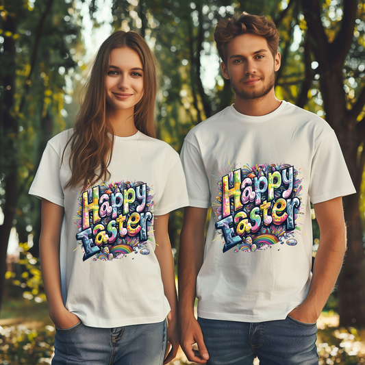 Stylish Graffiti Art Rainbow Happy Easter Unisex Garment-Dyed T-Shirt Short sleeve | Man Women Spring & Summer Tee Mockup |