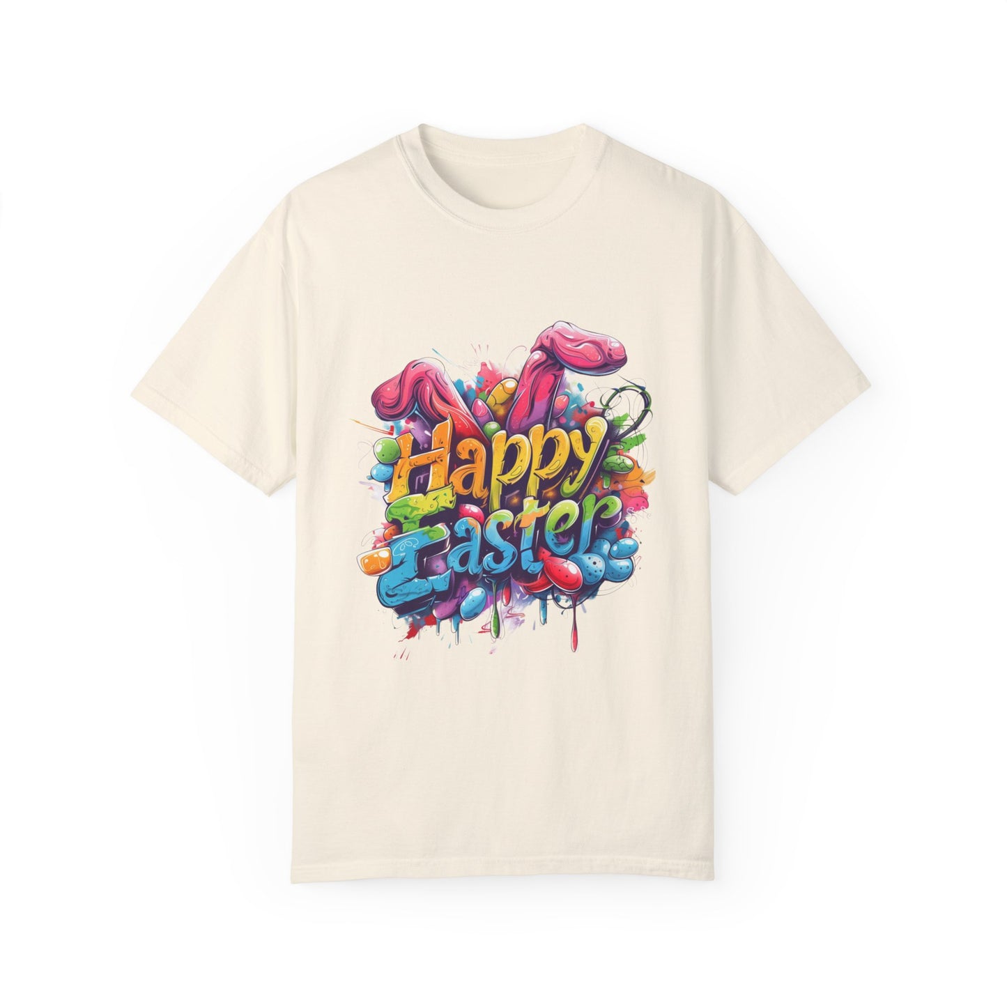 Happy Easter bunny funny graffiti Unisex Garment-Dyed T shirt Short sleeve | Man Women Spring & Summer Tee Mockup |