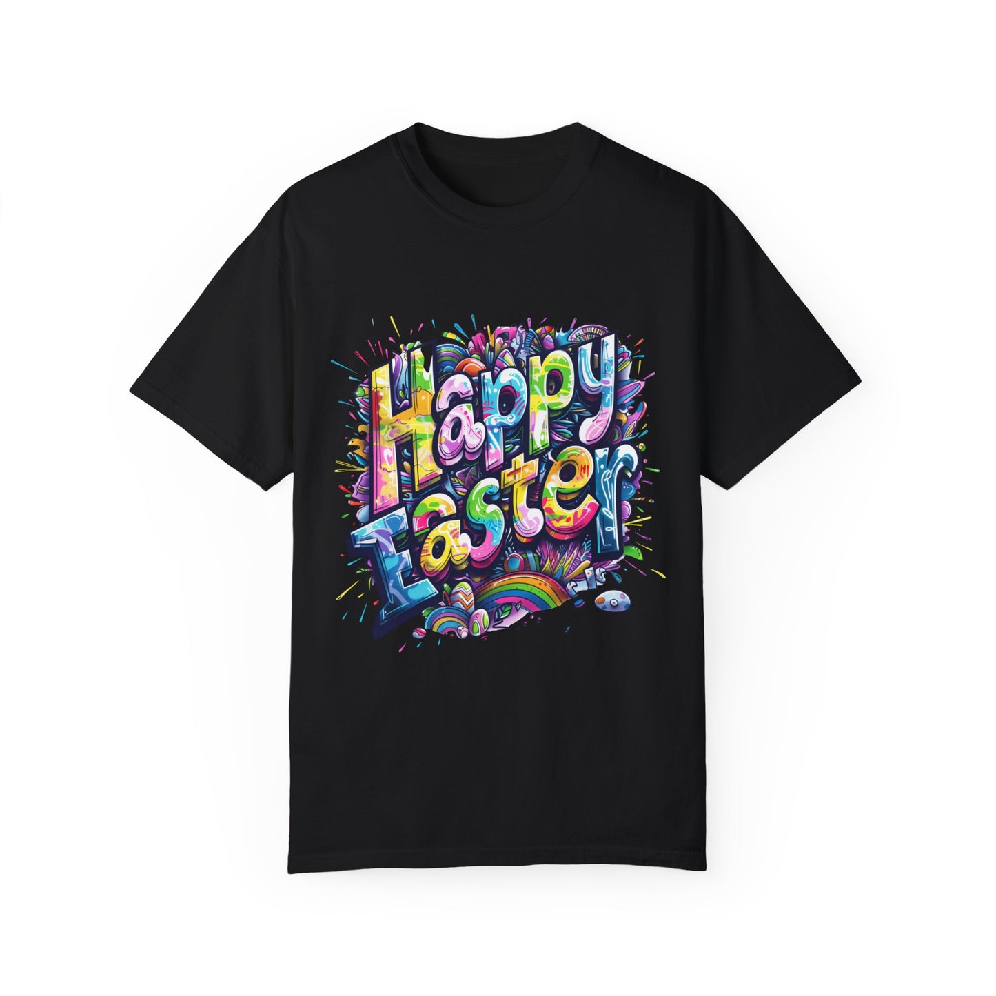 Stylish Graffiti Art Rainbow Happy Easter Unisex Garment-Dyed T-Shirt Short sleeve | Man Women Spring & Summer Tee Mockup |