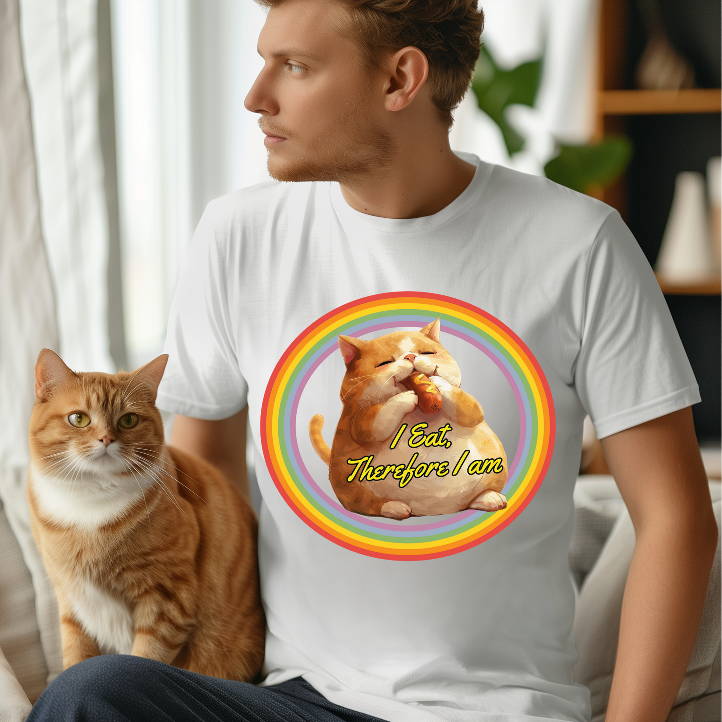 I Eat Therefore I am Unisex Spring Summer T-shirt | Fat cat eating hotdog tee | Trendy Comfort Colors Tee