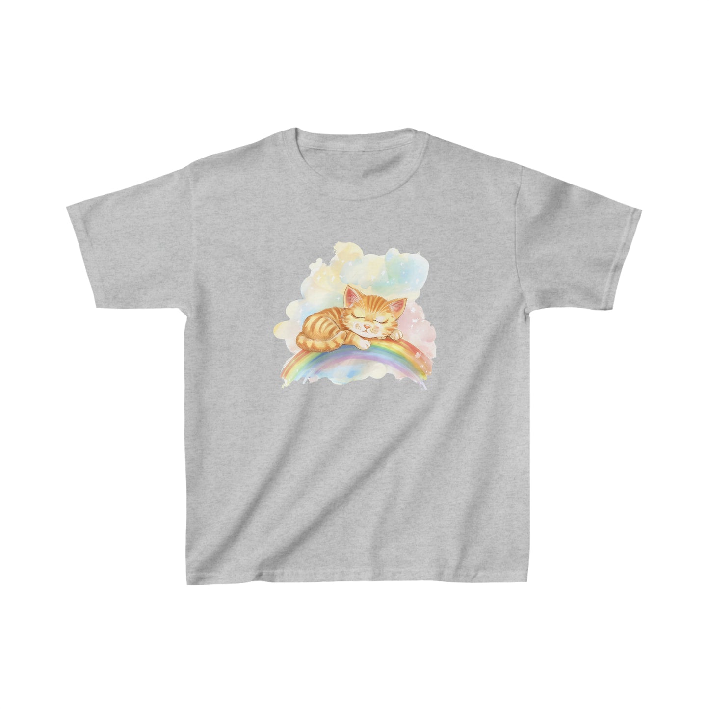 Cute Kitten Sleeping On the Rainbow Heavy Cotton Tee | Kids Spring & Summer T-Shirt Mockup | Rainbow Color | Unisex - Heavy Cotton™ Cute Tee