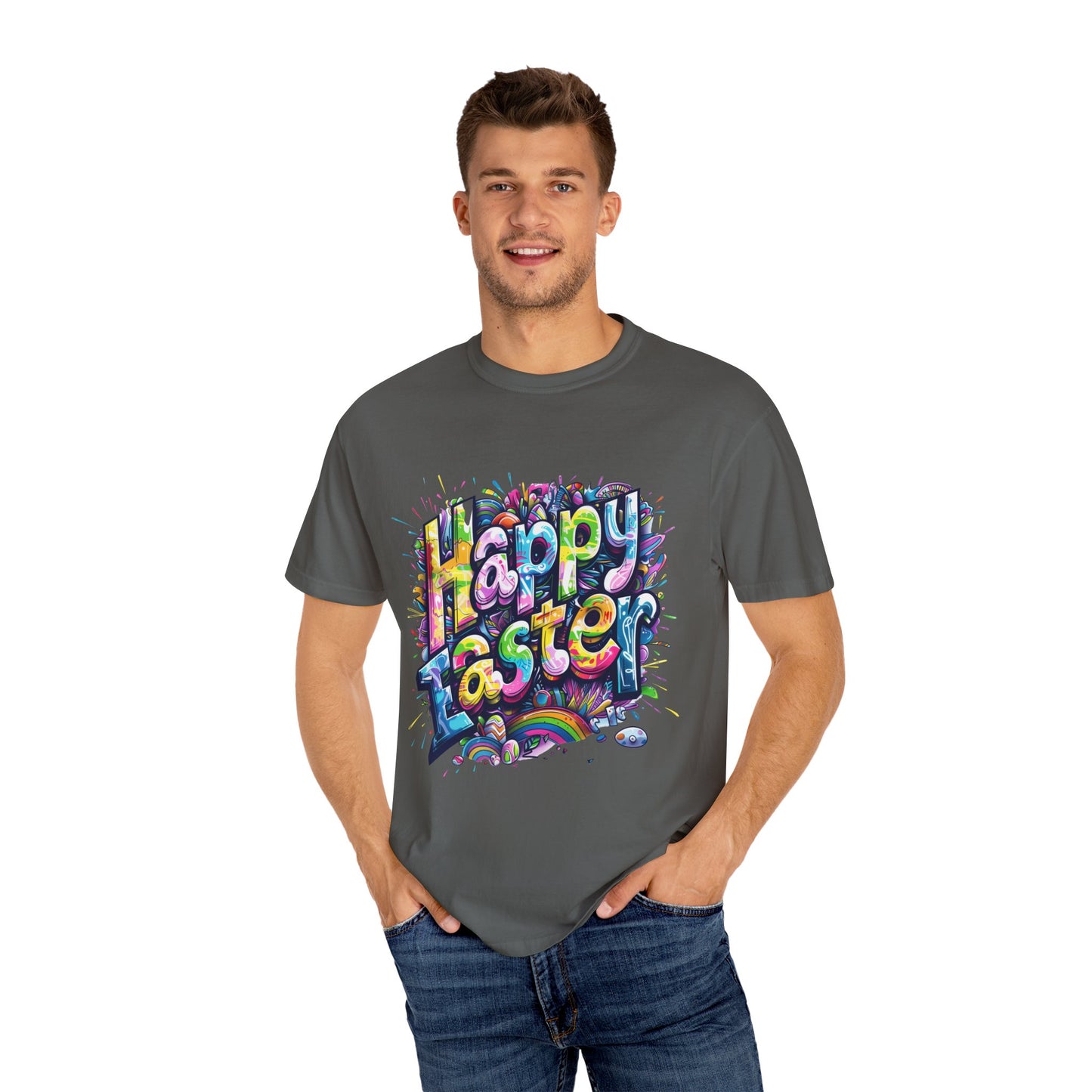 Stylish Graffiti Art Rainbow Happy Easter Unisex Garment-Dyed T-Shirt Short sleeve | Man Women Spring & Summer Tee Mockup |