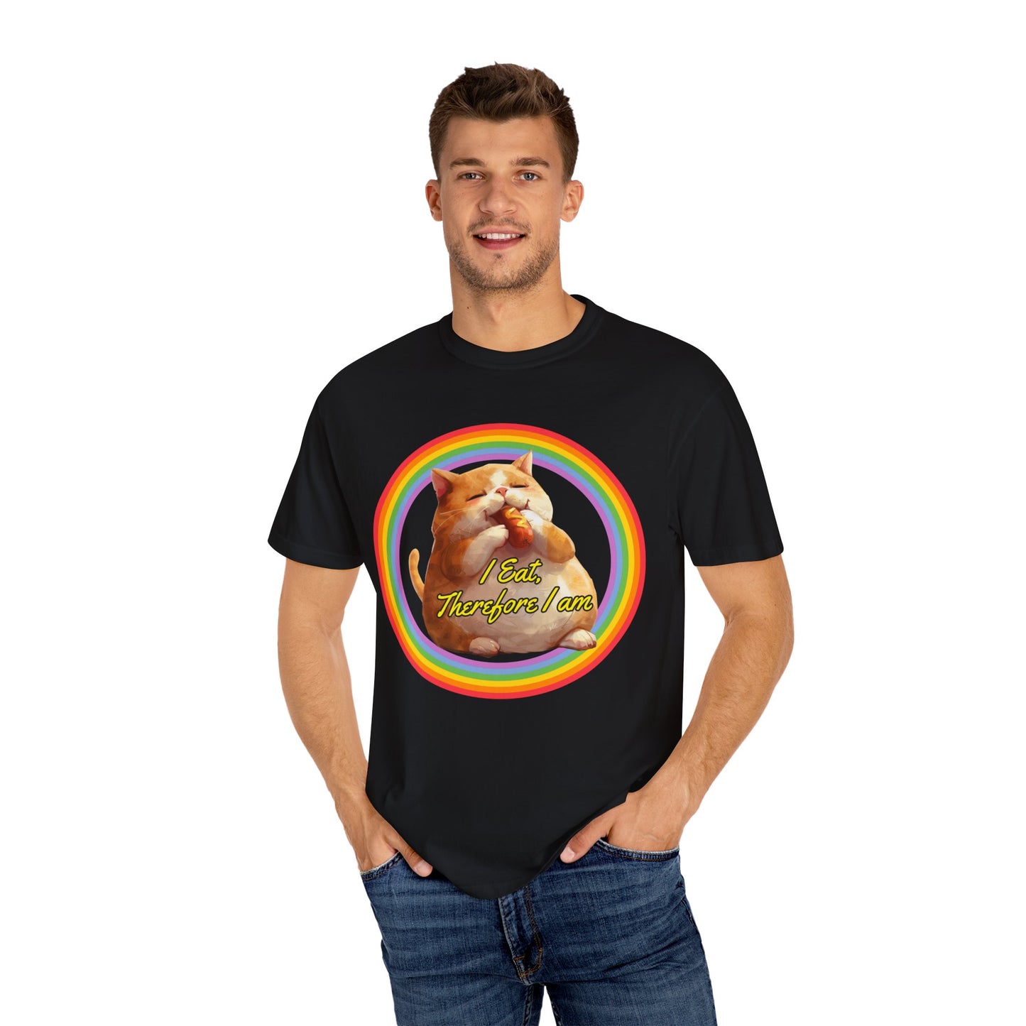 I Eat Therefore I am Unisex Spring Summer T-shirt | Fat cat eating hotdog tee | Trendy Comfort Colors Tee